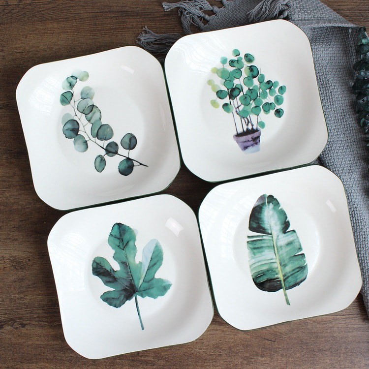 Set 4 Đĩa Sứ Trang Trí Vuông Hình Lá - 20CM
