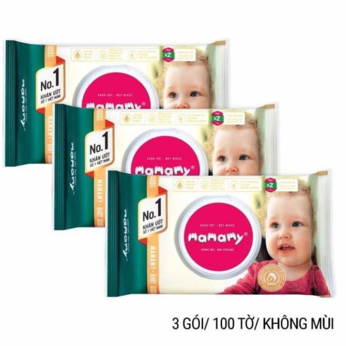 Combo 3 gói khăn ướt Mamamy 100 tờ, nắp không mùi, không chặn giấy
