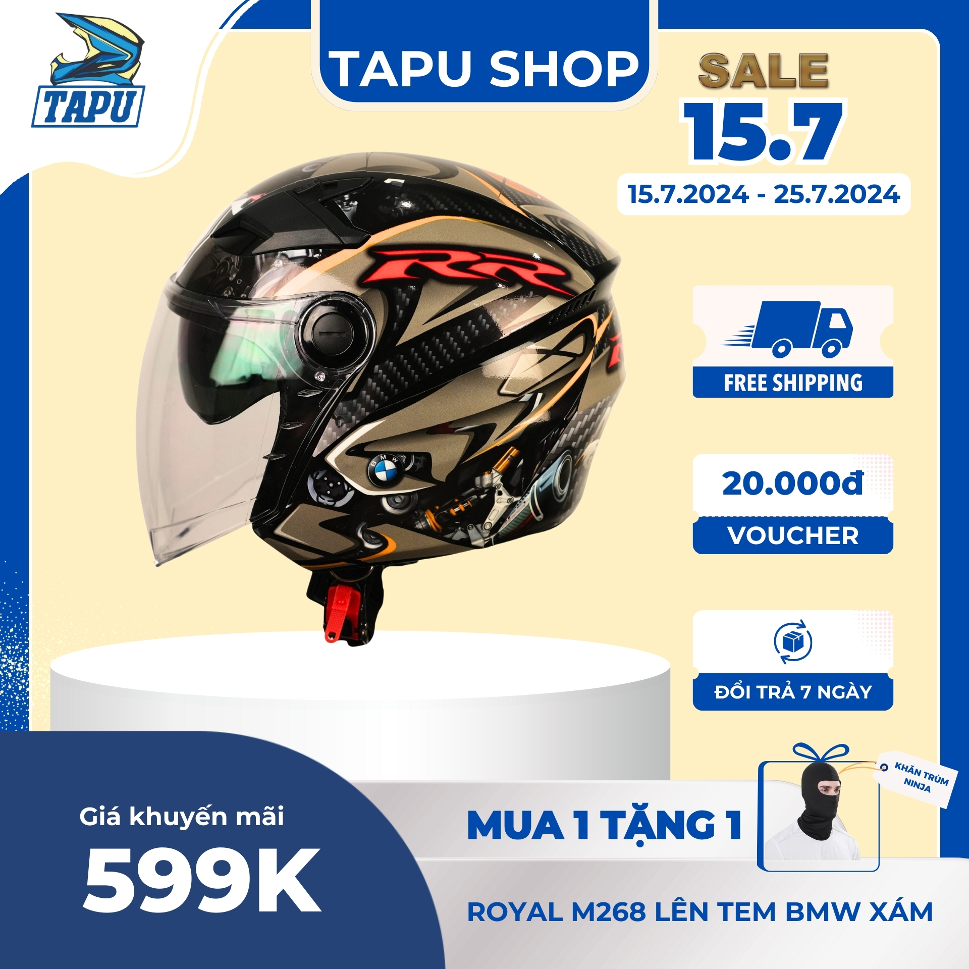 Mũ bảo hiểm 3/4 2 kính royal m268 bmw xám - tapu shop