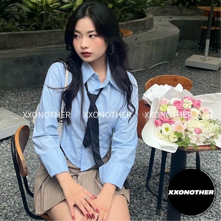 Áo sơmi croptop tay ngắn phong cách cá tính v hem crop shirt_blue xxonother