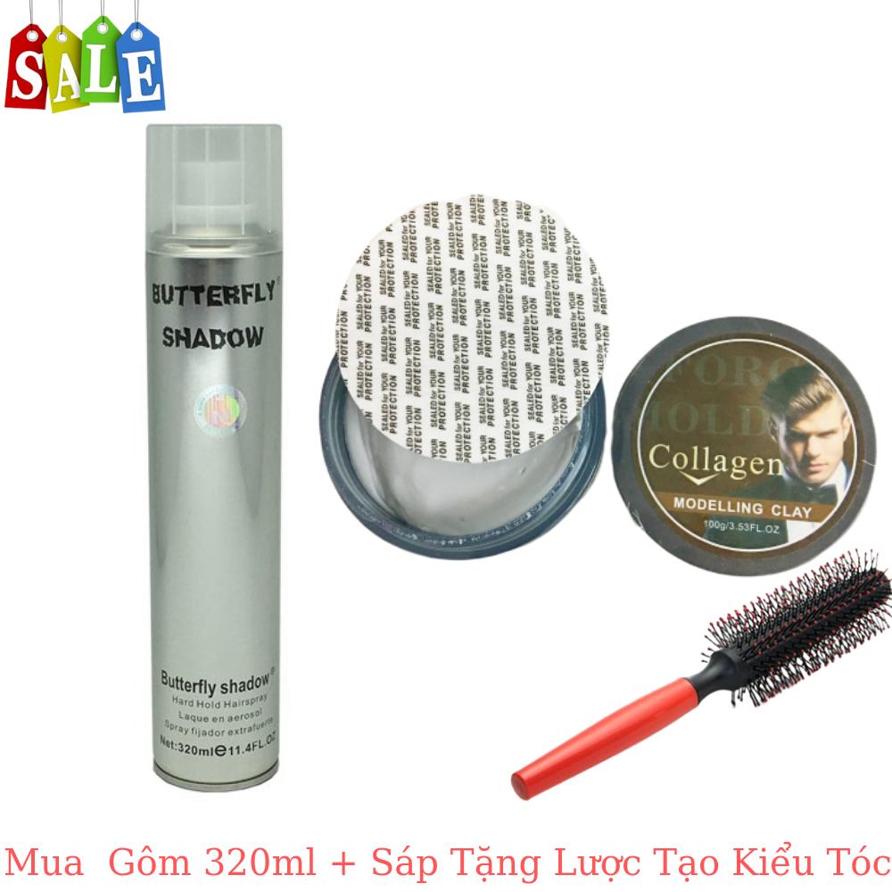 Combo gôm + sáp collagen, tặng lược tạo kiểu tóc, keo xịt tóc butterly shadow - gôm xịt tóc - sáp vuốt tóc nam nữ, gôm xịt tóc tạo kiểu chuyên nghiệp cho nam nữ 320ml- tạo cứng, không bóng