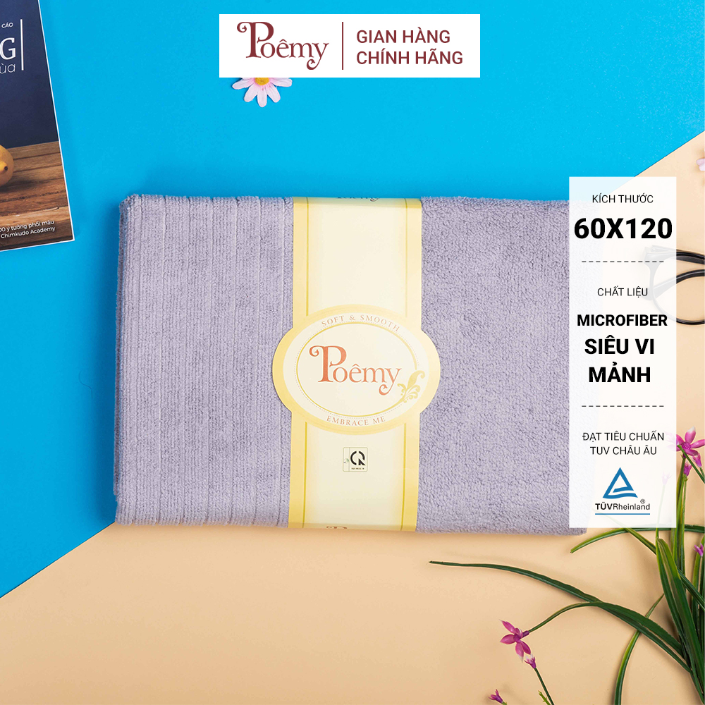Khăn tắm nhỡ POÊMY sọc gân, hoạ tiết trơn, kích thước 60x120cm, sợi vải siêu mảnh, mềm mịn, không gây kích ứng da