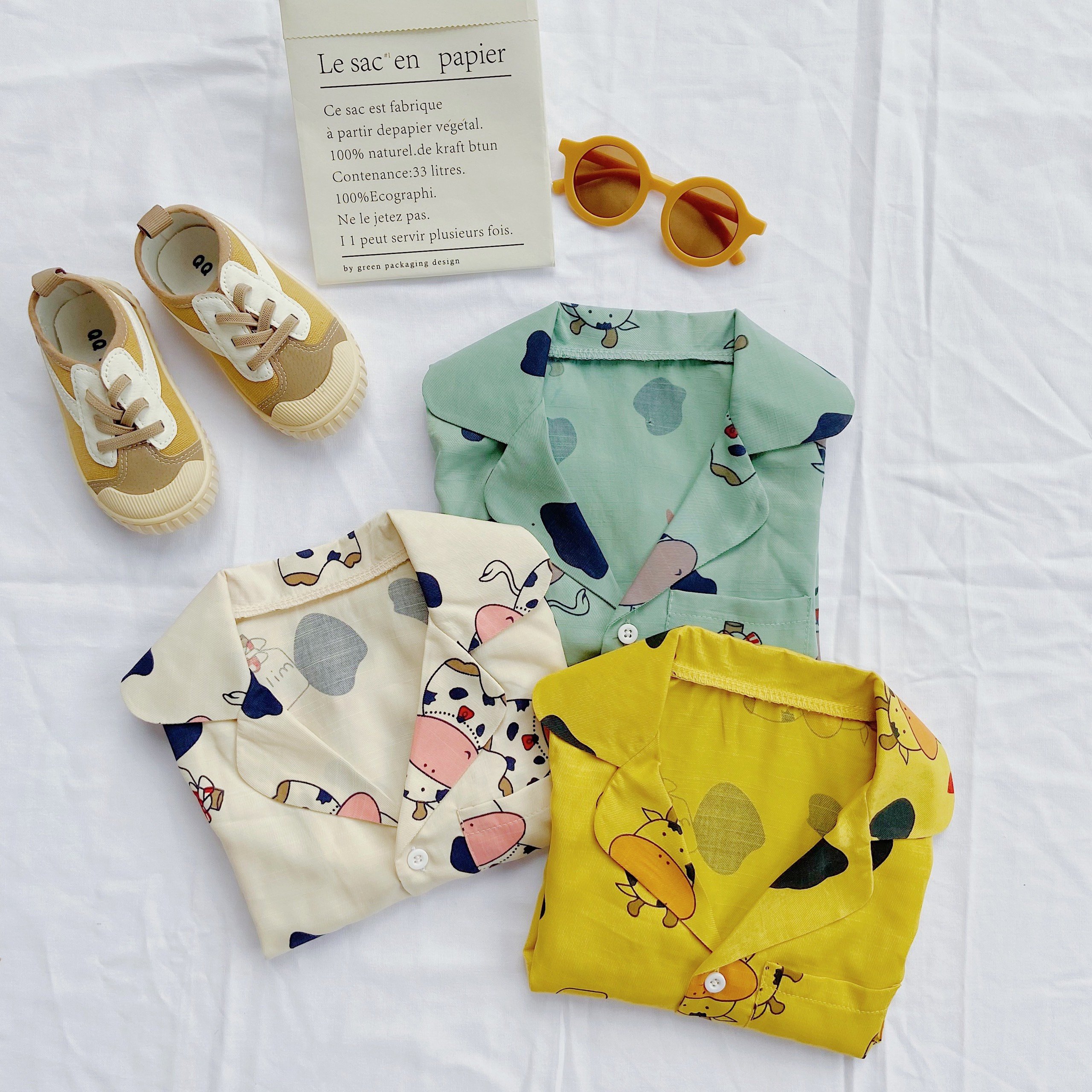 Bộ pyjama cho bé trai, bé gái_bộ quần áo dài tay họa tiết bò sữa cho bé 9-32kg