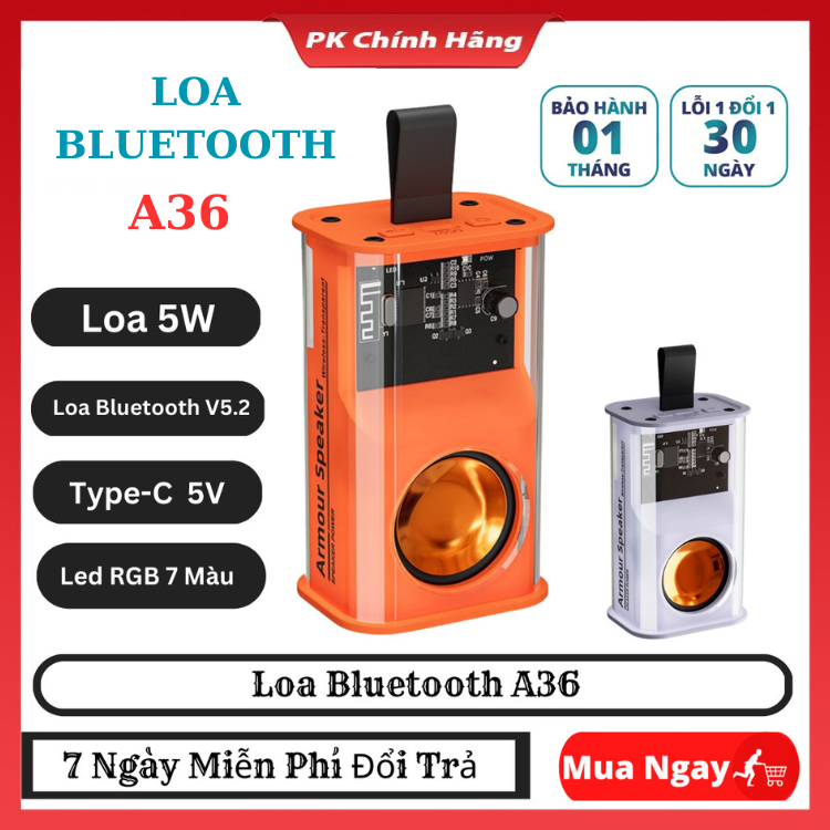 Loa bluetooth mini trong suốt a36 - loa bluetooth cầm tay mini có đèn - bass lớn - kết nối 2 loa - đầy đủ màu mới