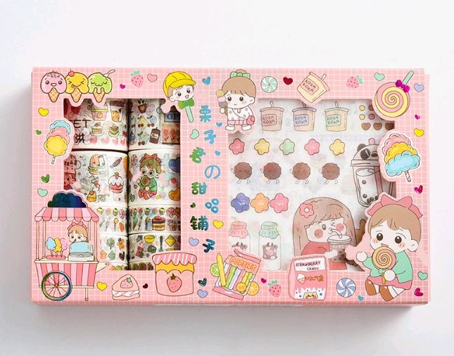 Set 10 băng keo trang trí washi tape kèm 10 sticker đồng bộ