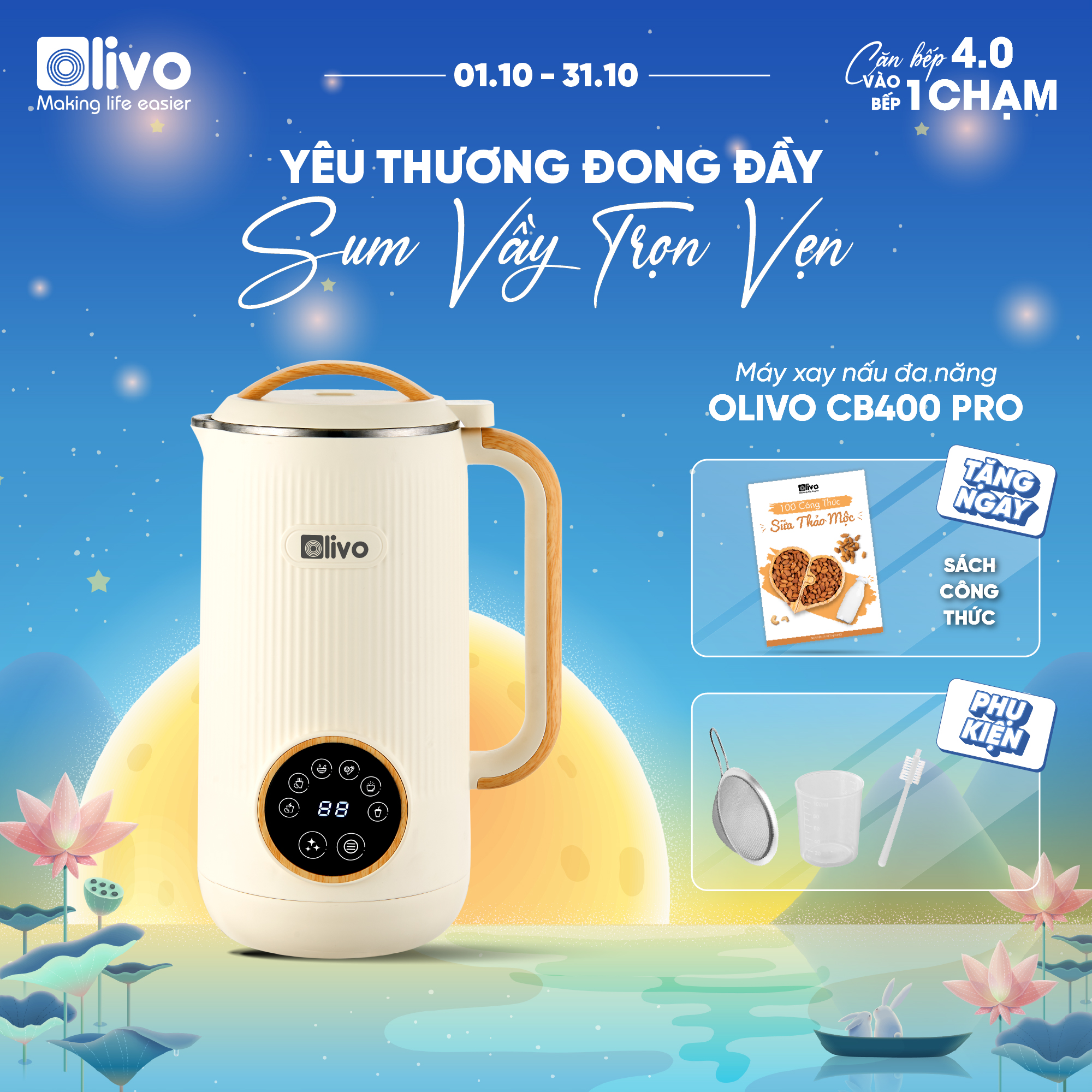 Máy Làm Sữa Hạt OLIVO CB400 PRO – Máy Xay Nấu Đa Năng – Nắp Inox 304 – Lưỡi Dao 10 Cánh – Dung Tích 600ML – Công Suất 750W