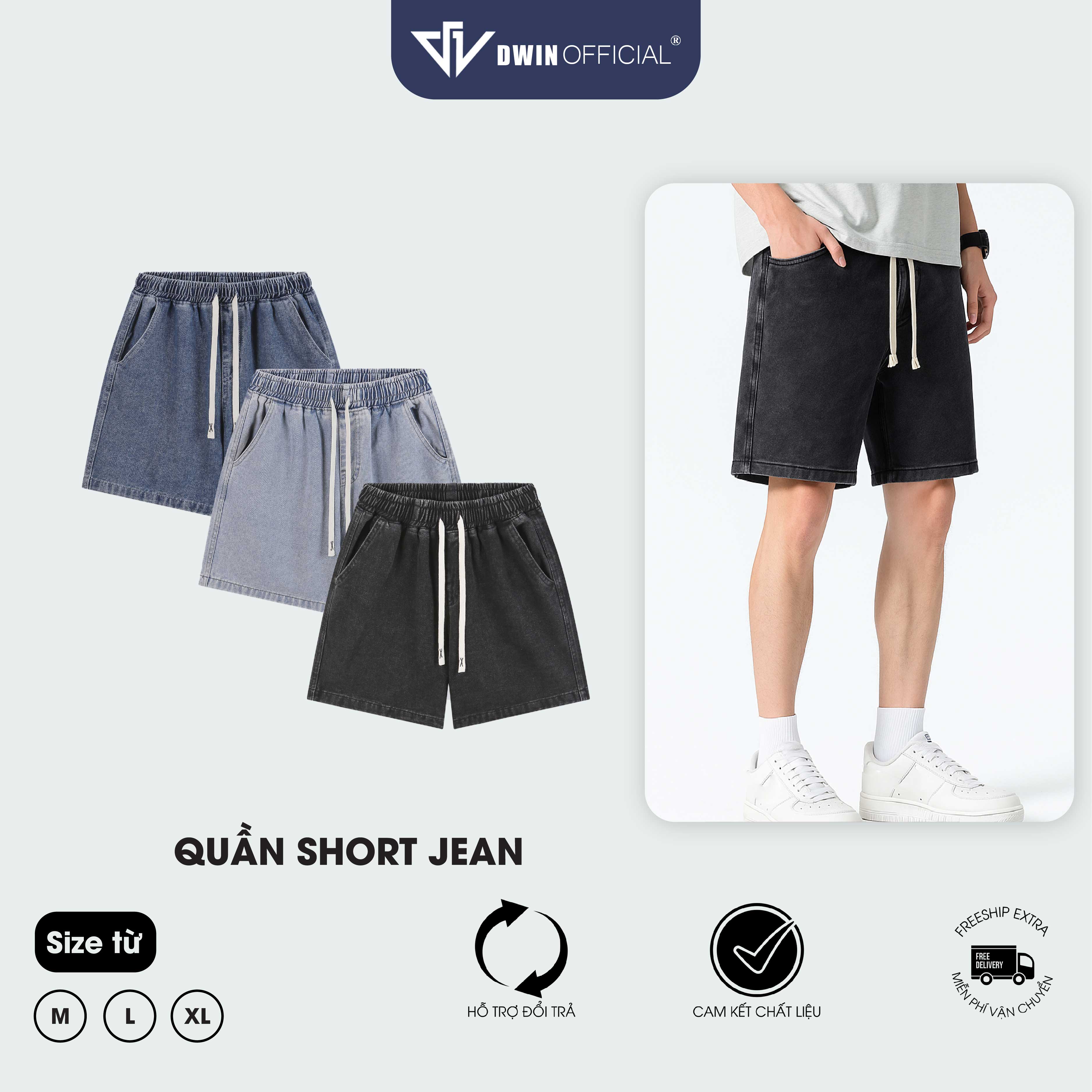 Quần short jean cotton nam nữ DWIN đùi jean cotton wash form rộng basic unisex chống nhăn không xù