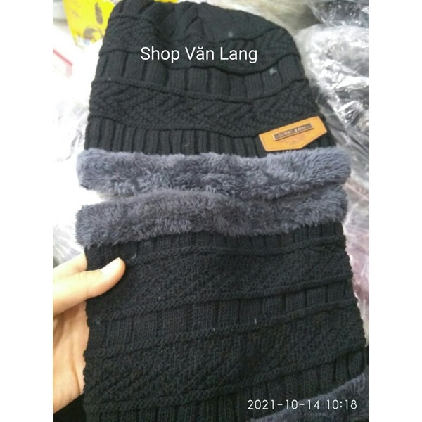 Set mũ len kèm khăn cổ lót lông cao cấp