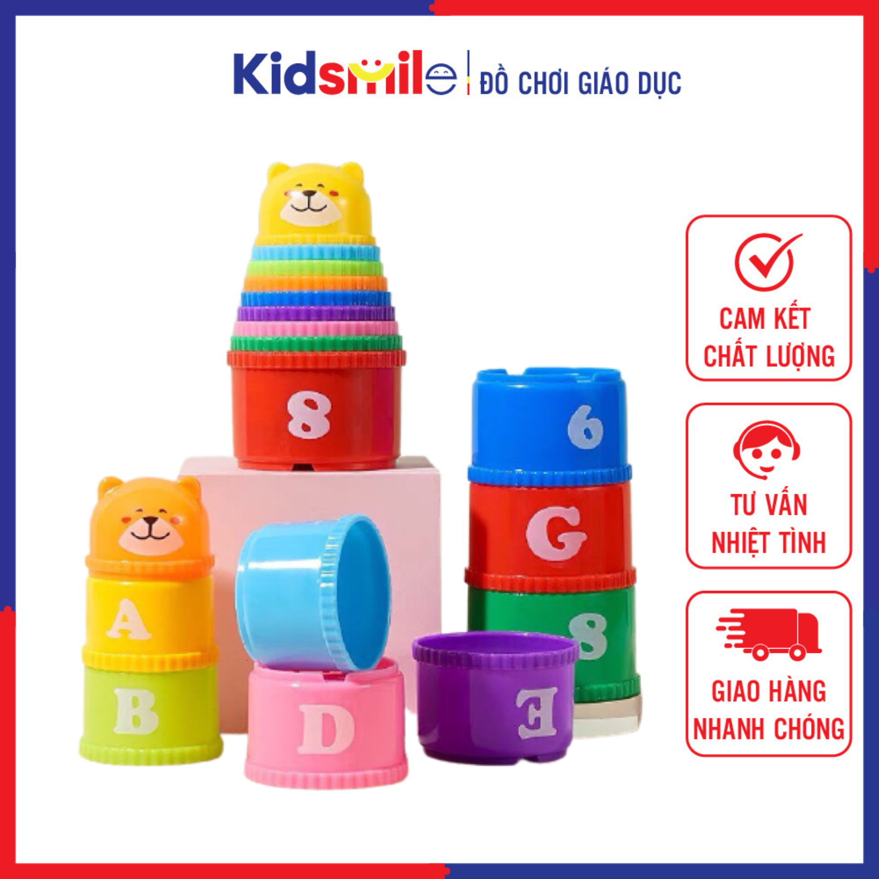 Đồ chơi trẻ em thông minh cốc xếp chồng 9 tầng cao 39 cm cho bé học phân biệt màu sắc, số chữ và so sánh cao thấp lớn bé