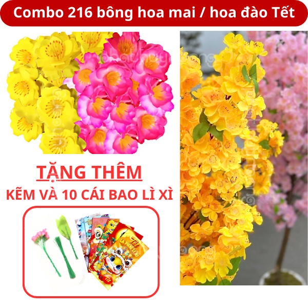 ( SIÊU KM TẾT ) Combo 216 bông hoa mai / hoa đào tặng thêm kẽm và 10 bao lì xì cực đẹp , hoa mai giả , bông mai giả , bông đào giả , mai đào ngày tết ,thích hợp trang trí Tết, tạo không gian ấm cúng sinh động, bông đào Phát Huy Hoàng