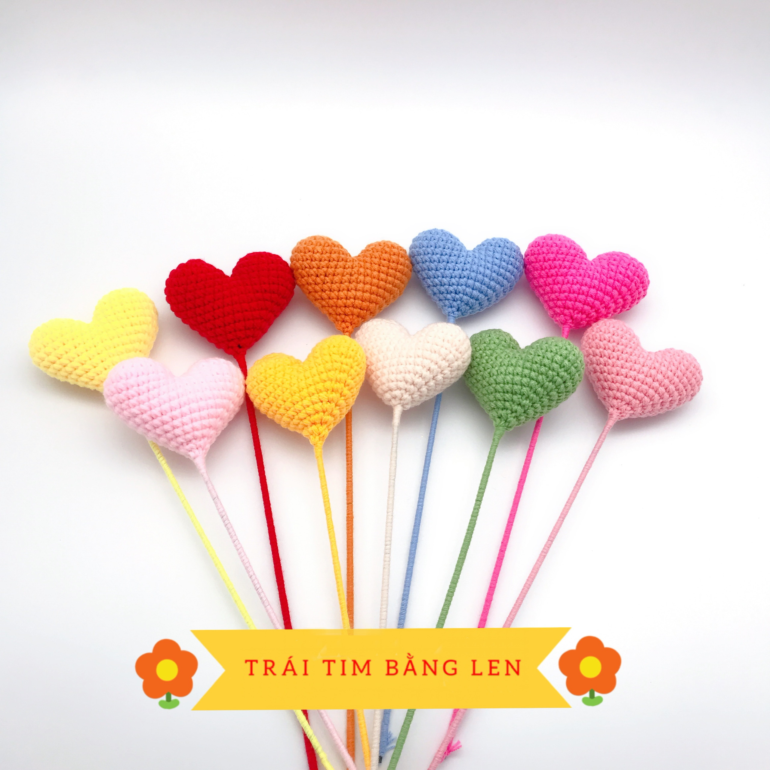 Hoa Handmade hình trái tim, hoa trái tim làm quà tặng làm bằng len siêu bền, an toàn cho sức khỏe - Len Móc Tay