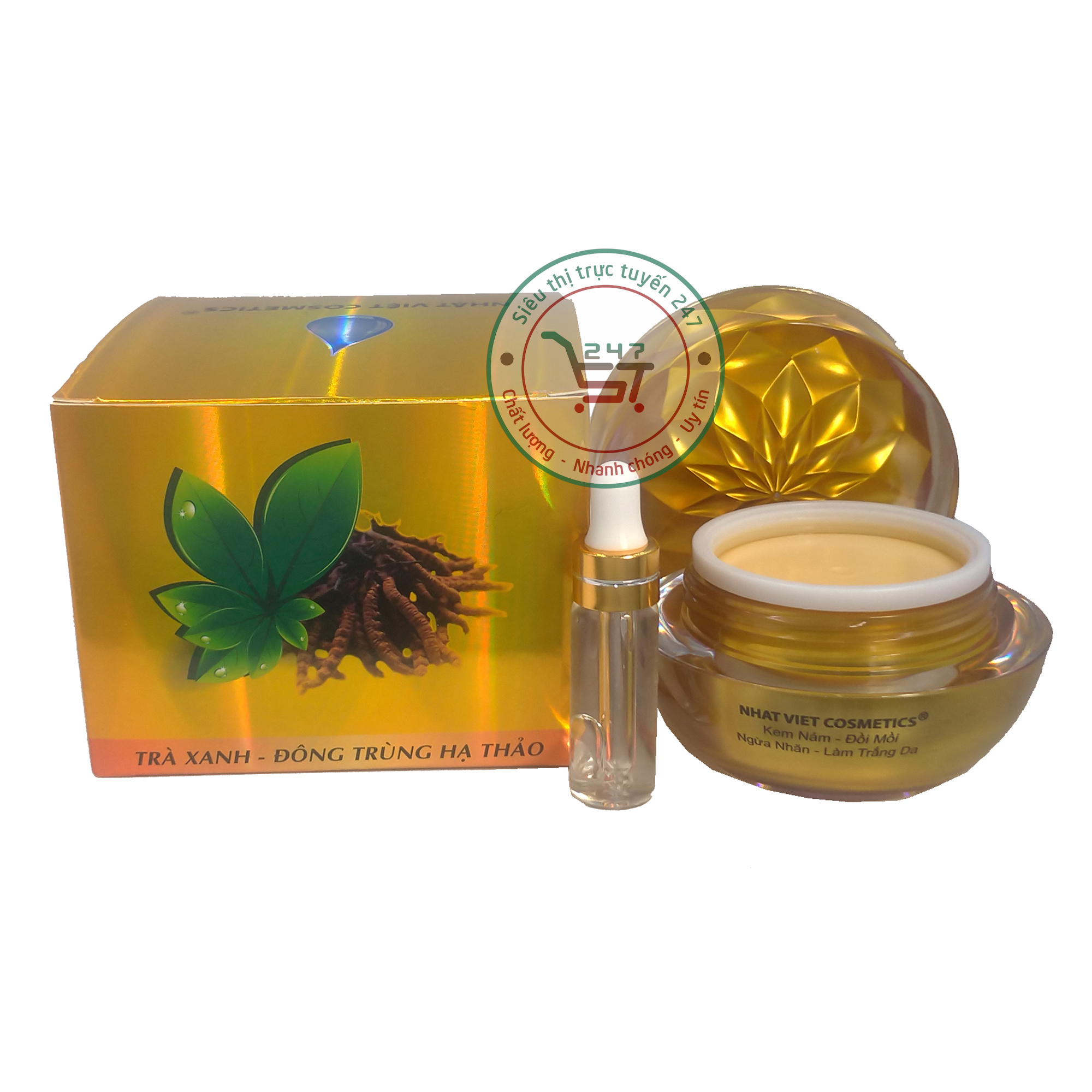 Kem Nám Tàn nhang Làm trắng da Ngừa nhăn Đồi mồi Se khít lỗ chân lông Trà xanh Đông trùng hạ thảo Nhật Việt 24g (Vàng)