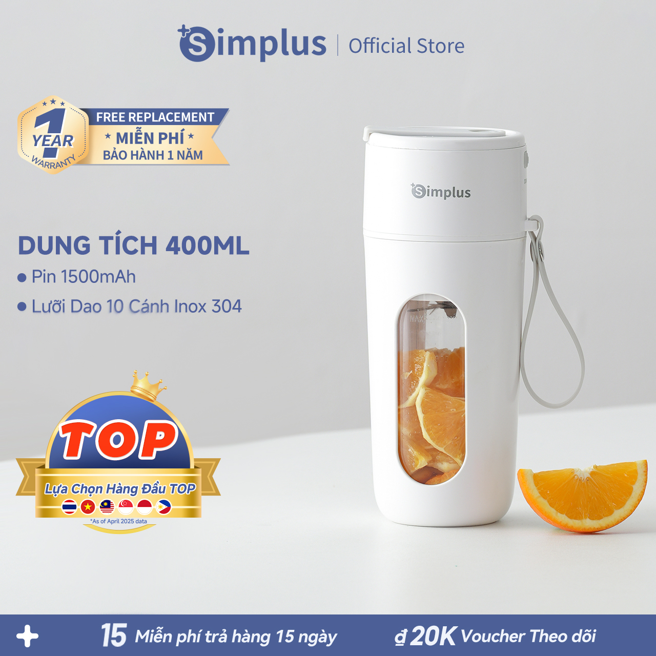  Simplus Máy xay trái cây cầm tay Dễ mang đi Xay được đá 10 Lưỡi dao Một lần xay 10 cốc Tuổi thọ pin dài ZZJH008FZ  - Bảo Hành 1 Năm 1 Đổi 1 