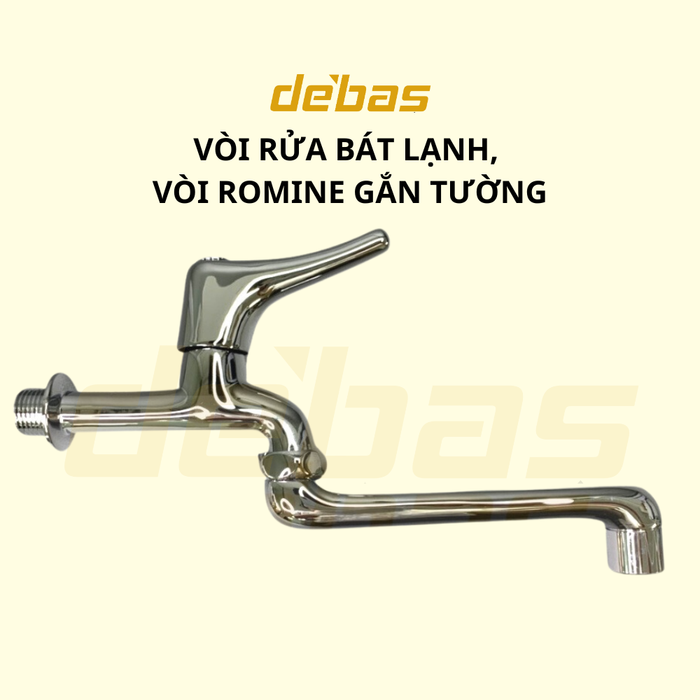 Vòi rửa chén bát lạnh cao cấp đồng mạ crom cần dài vòi gạt ngang gắn tường Debas V006