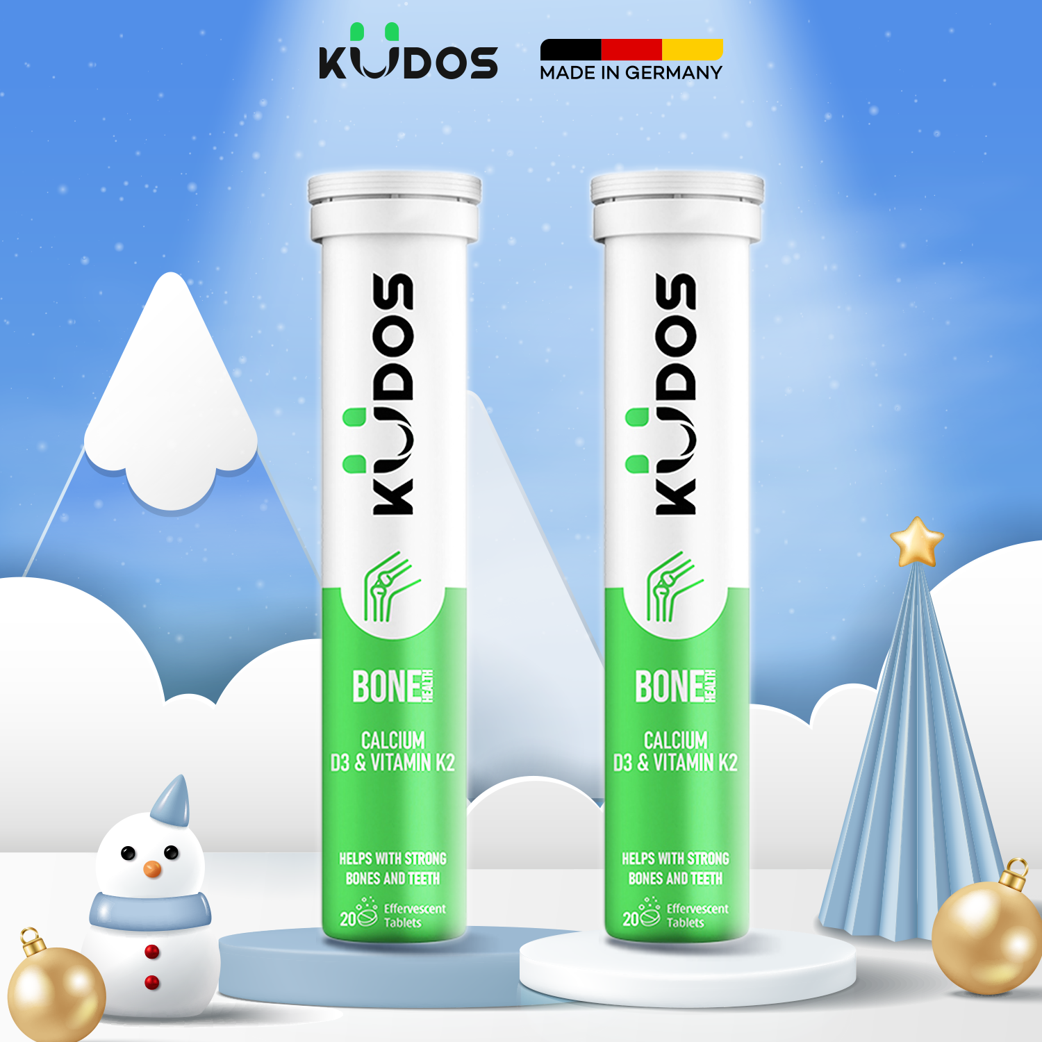 Combo 2 Tuýp Viên sủi KUDOS BONE bổ sung Calci, vitamin K2, D3 hỗ trợ xương, răng chắc khỏe (20 viên/tuýp)