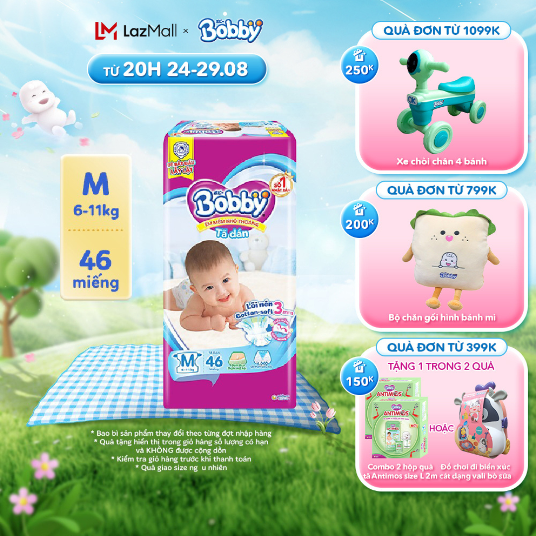 Tã dán Bobby Lõi nén Cotton-Soft 3mm - M46/L40/XL36/XXL32 [Bao bì thay đổi theo từng đợt nhập hàng]