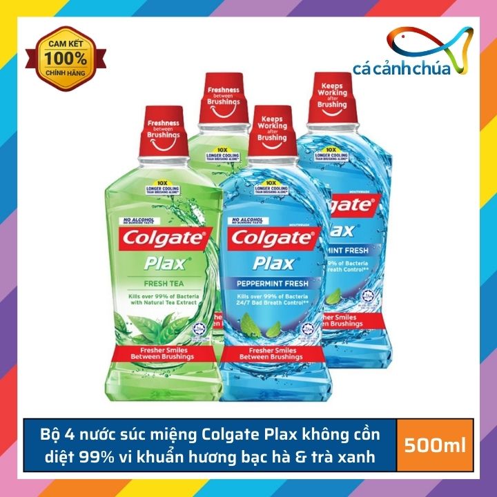 Bộ 4 nước súc miệng Colgate Plax không cồn diệt 99% vi khuẩn hương bạc hà và hương trà xanh 500mlx4 - Thái Lan