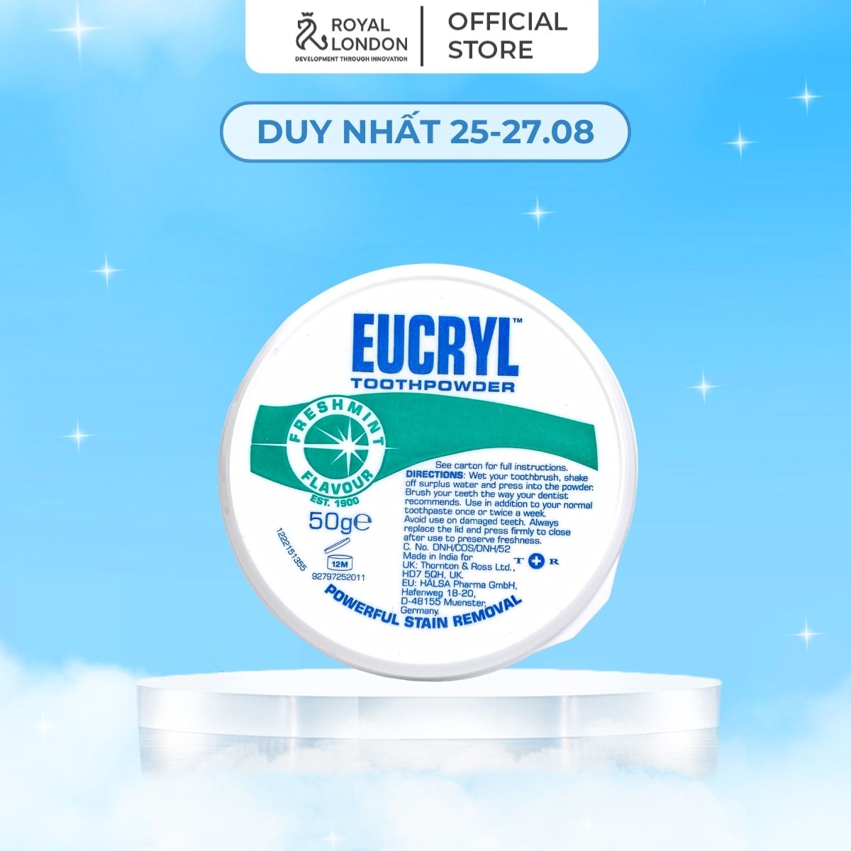 Bột Bạc Hà Giúp Sạch Miệng Trắng Răng, Hơi Thở Thơm Mát Eucryl Toothpower 50g