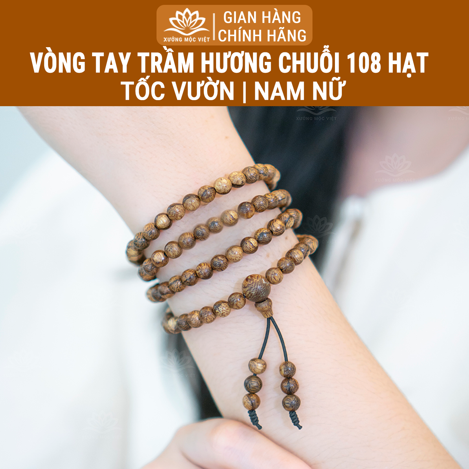Vòng tay trầm hương chuỗi 108 hạt tóc vườn Xưởng Mộc Việt - Chuỗi tràng hạt trầm tóc size 6/7/8mm - Vòng tay phong thuỷ may mắn bình an tài lộc