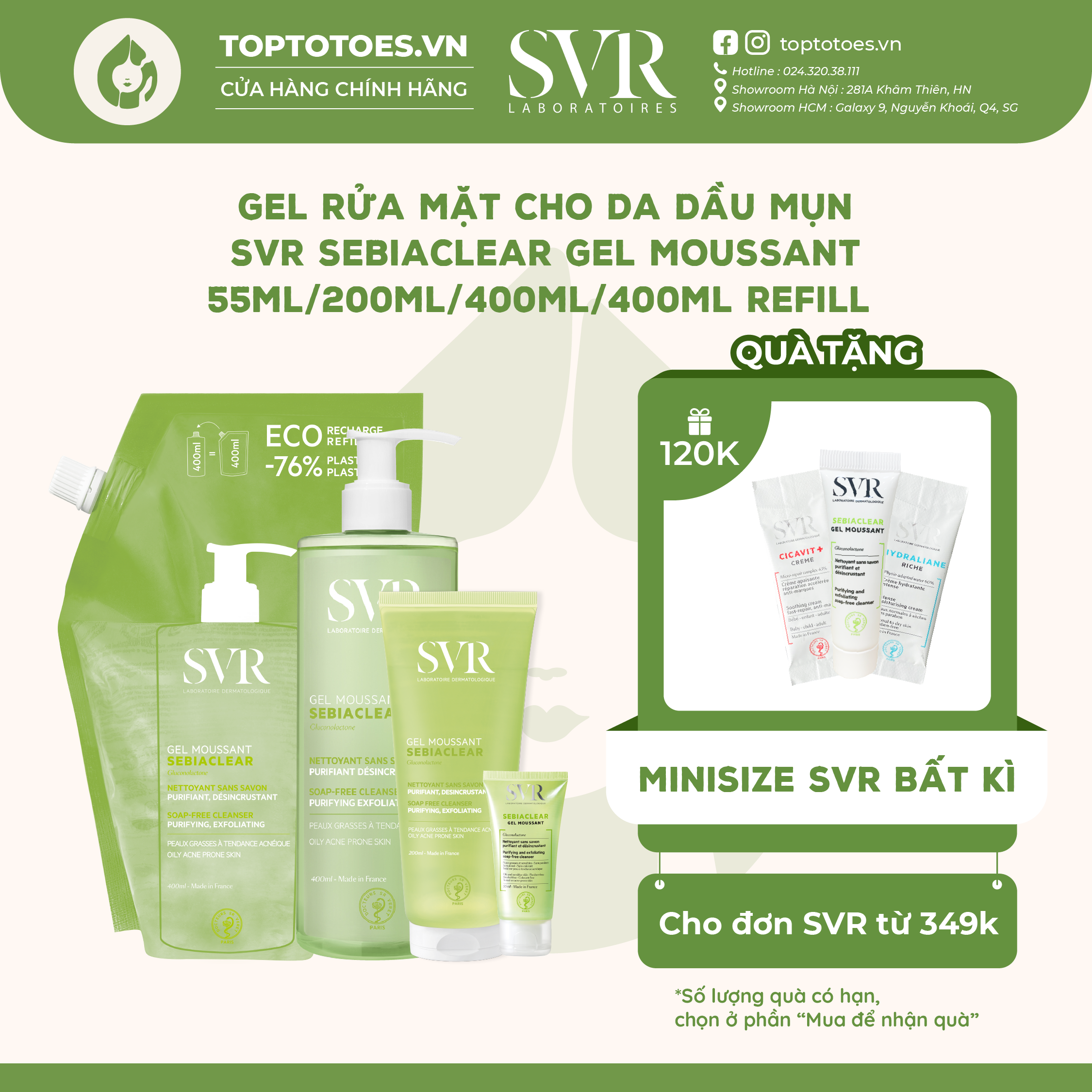 Gel rửa mặt cho da dầu mụn svr sebiaclear gel moussant 55ml/ 200ml/ 400ml