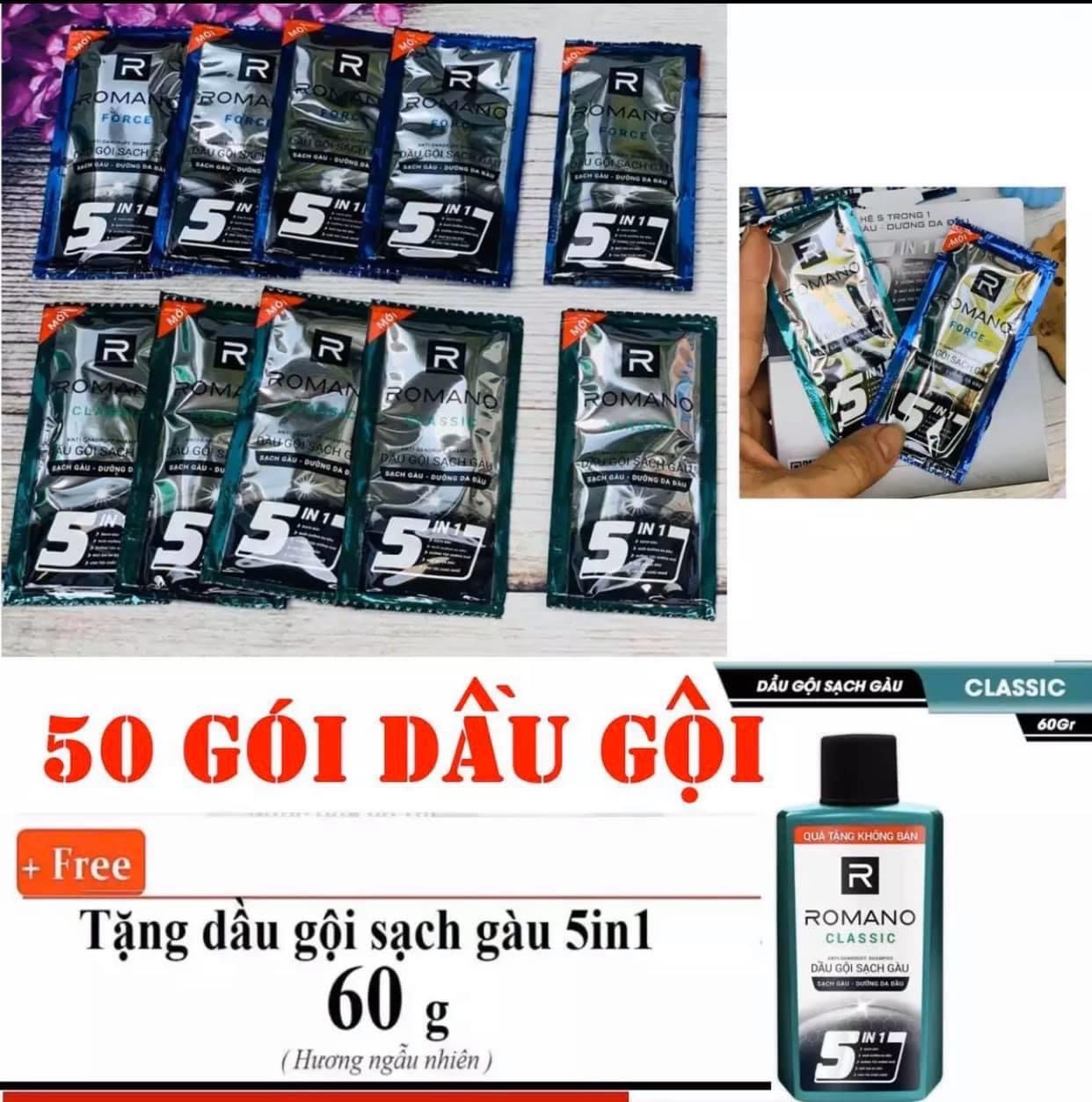 [TẶNG 1 CHAI DẦU GỘI 60GR]] KHI MUA combo 50 gói dầu gội đầu Romano 5in1 (5g)
