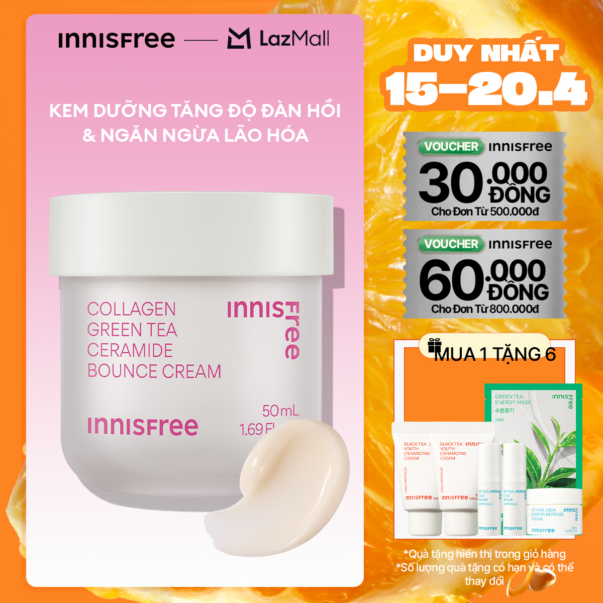 Kem dưỡng giúp làm mờ các dấu hiệu lão hóa trên da INNISFREE Collagen Green Tea Ceramide Bounce Cream 50mL