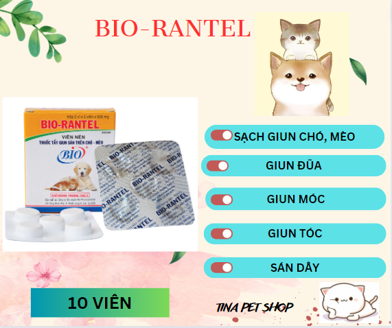 (Giá sỉ) Hộp 10 Viên BIO- RANTEL Thuốc tẩy sạch giun sán trên chó mèo