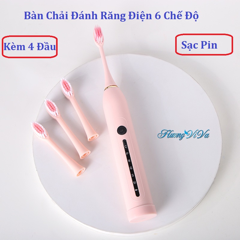 Bàn chải đánh răng điện tặng 4 đầu bàn chải, bàn chải điện Sonic X3 với 6 chế độ chăm sóc răng, không gay đau răng, chống hôi miệng hiệu quả, làm sạch sâu hơn 40% so với bàn chải thường-Huongviva
