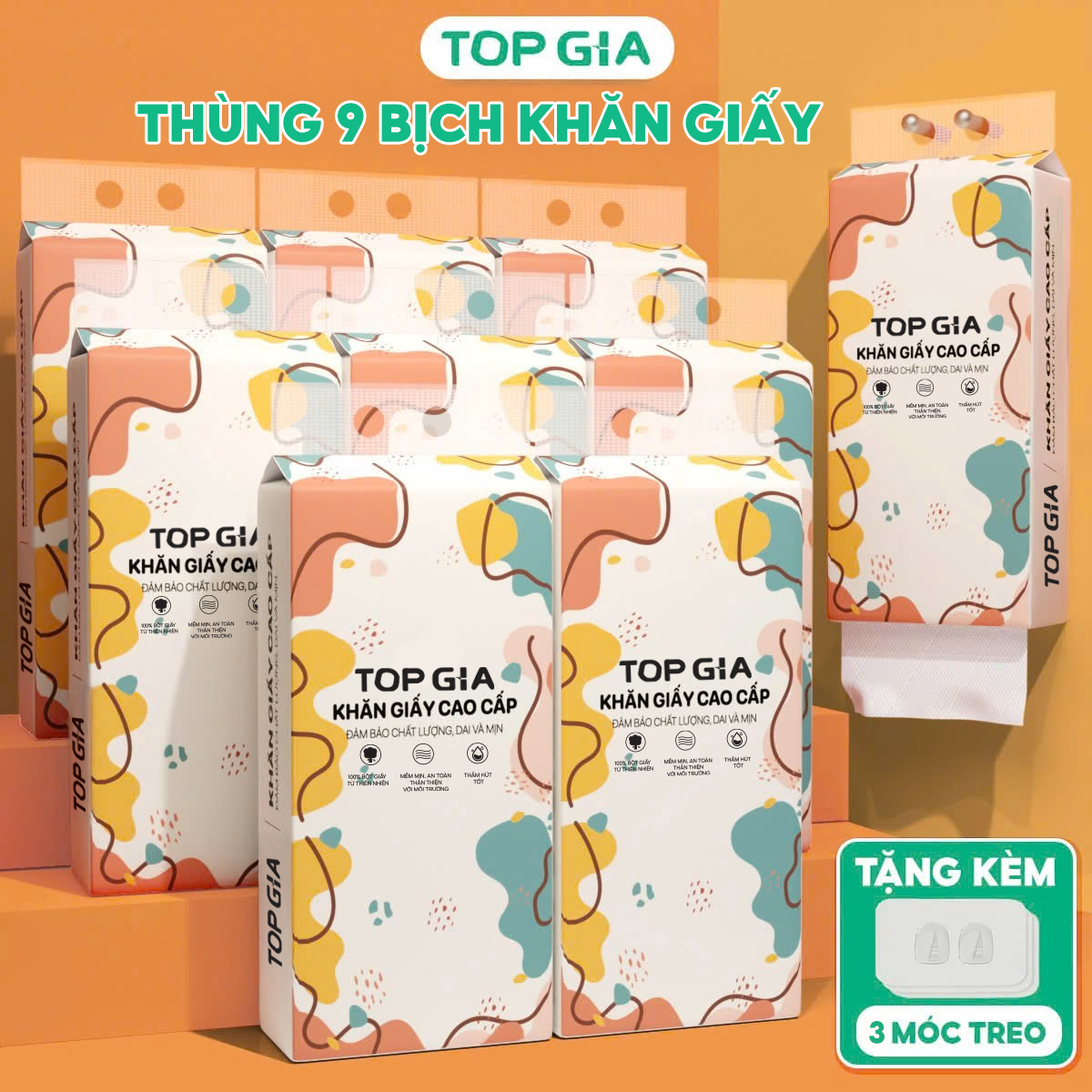  Giấy vệ sinh treo tường Top Gia thùng 9 bịch đa sắc làm từ bột giấy thiên nhiên 1280 tờ 4 lớp dày dặn đa năng  Tặng 4 móc treo  