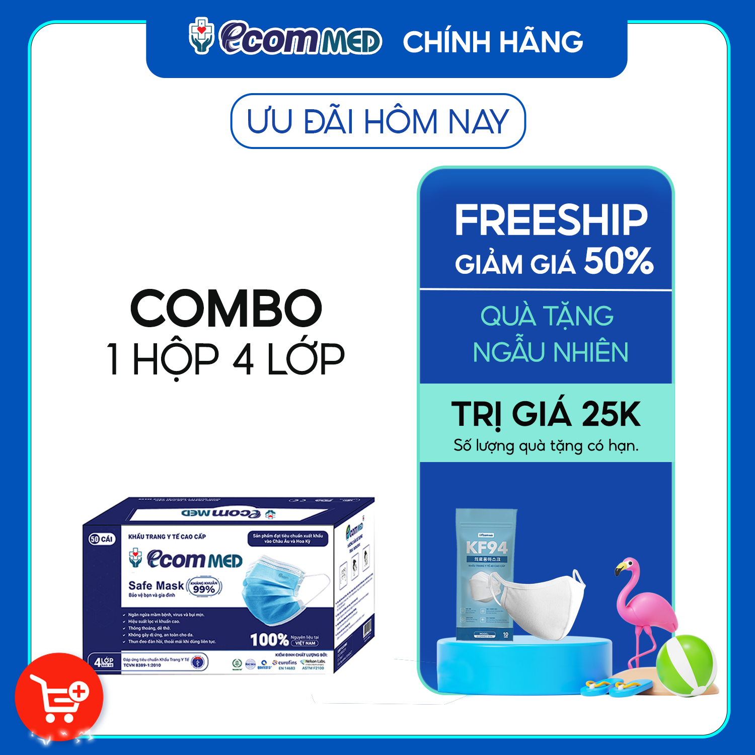 Khẩu Trang Y tế EcomMed 4 lớp thông thoáng không đau tai - kháng khuẩn 99% (Hộp 50 cái) - Đạt chuẩn FDA