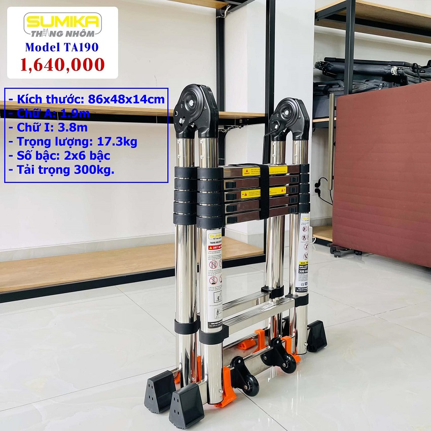 Thang inox, Thang Rút Inox Chữ A SUMIKA TA190 New Chữ A 1m9  duỗi thẳng 3m8  dễ dàng xếp gọn,  Cộng Nghệ Nhật Bản - Tải trọng 300kg