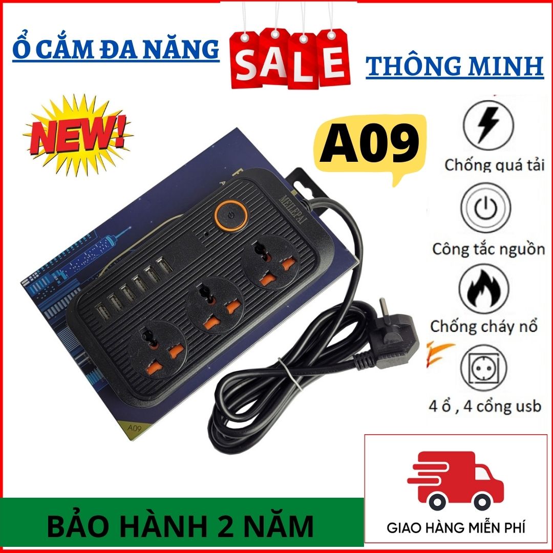 Ổ điện đa năng chịu tải A09, Ổ cắm điện thông minh có cổng USB sạc nhanh, an toàn chống giật,chống cháy nổ,Ổ cắm điện chịu tải, phích cắm điện chịu tải, bảo hành 24 tháng, 1 đổi 1