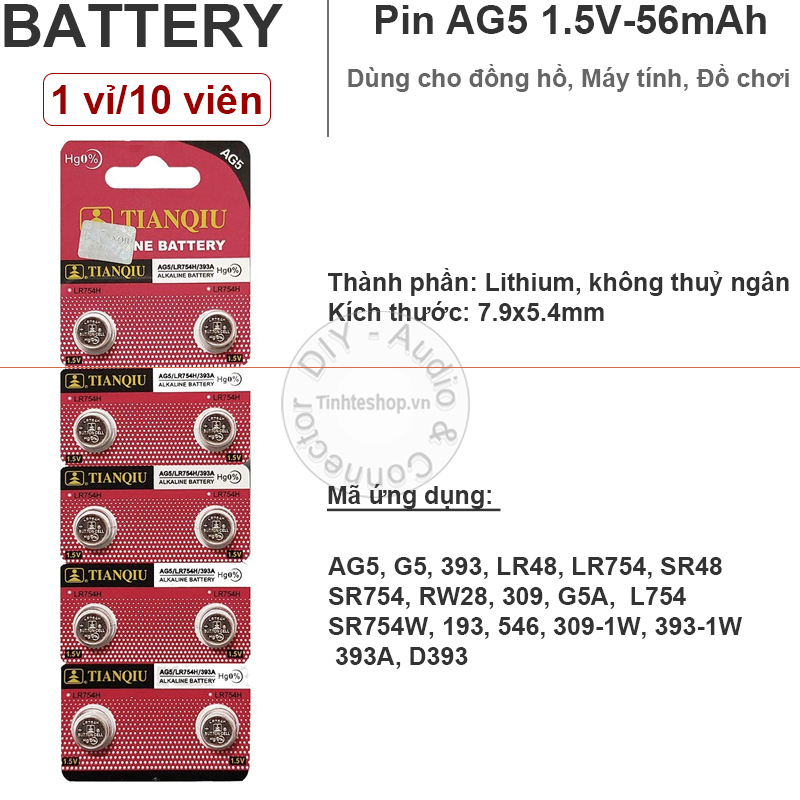 1 vỉ 10 viên - PIN đầu đũa AG5 393 LR48 LR754 SR48 SR754 RW28 309 Tianqiu 1.55V không thuỷ ngân