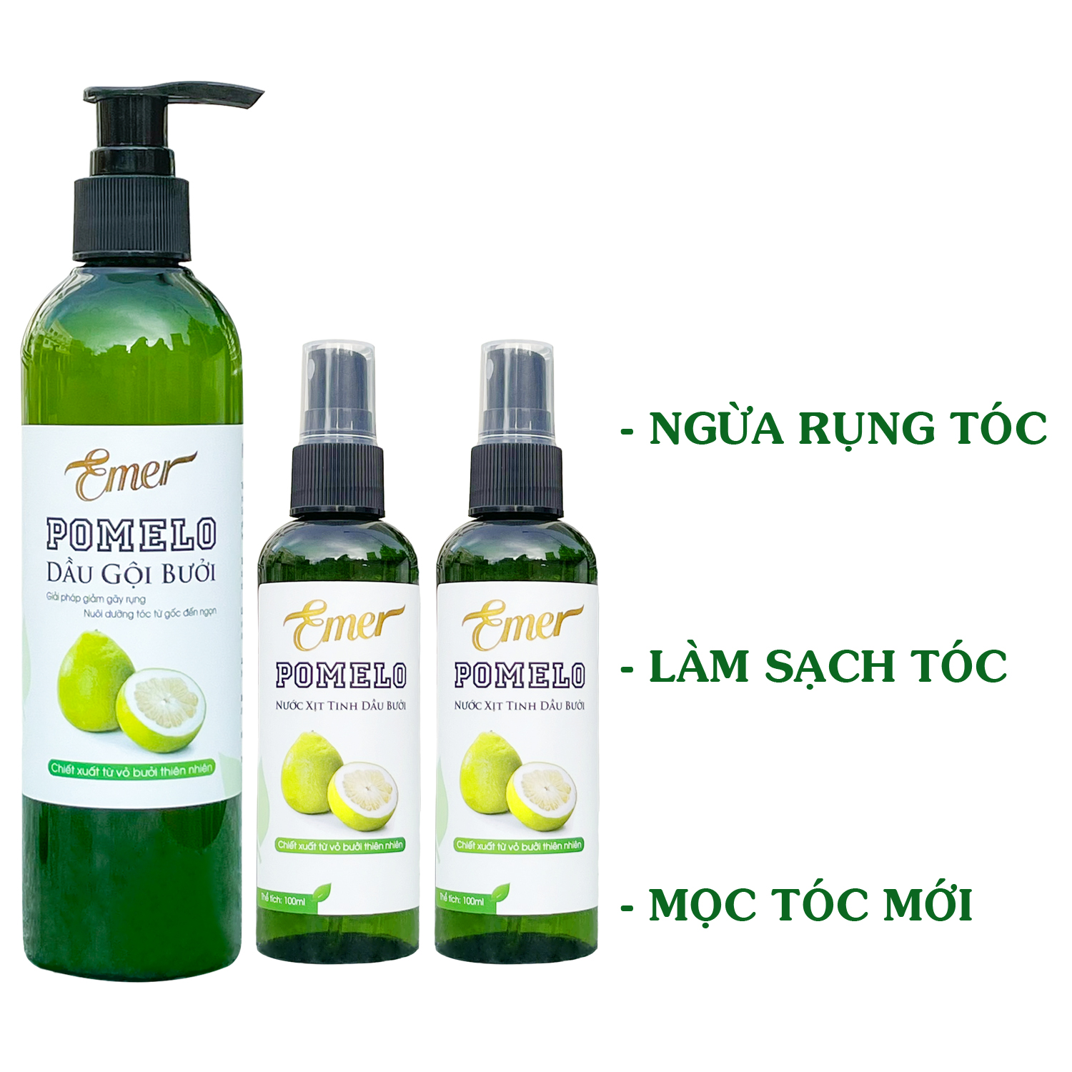 [LIỆU TRÌNH GIẢM RỤNG TÓC] Dầu gội bưởi kích mọc tóc Pomelo Emer 300ml + 2 chai Tinh dầu bưởi xịt mọc tóc Pomelo Emer (100ml x 2) làm sạch tóc và da đầu giảm rụng tóc kích mọc tóc nhanh hơn