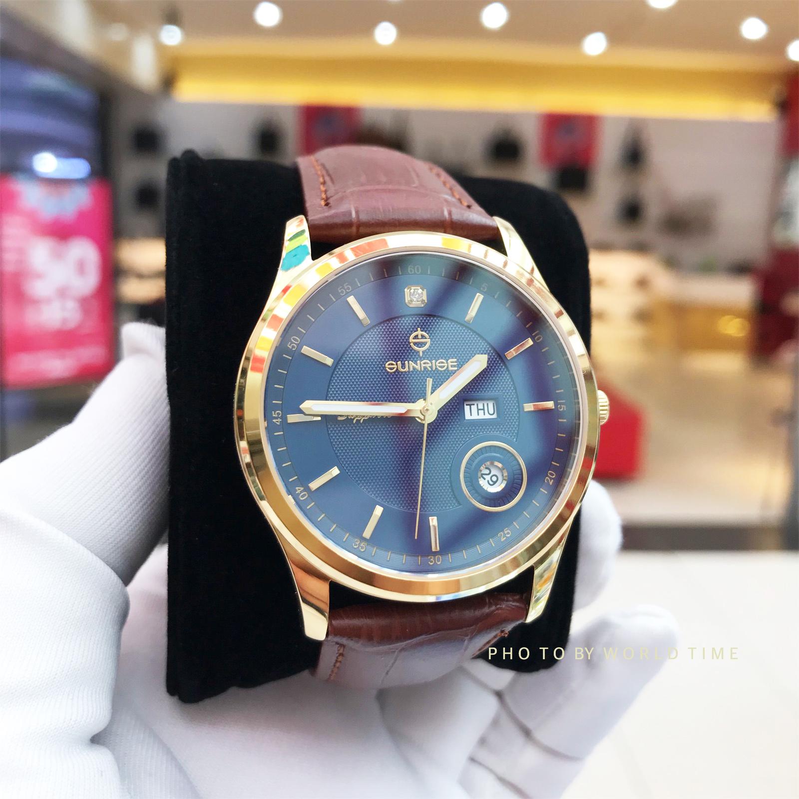 Đồng Hồ Nam Sunrise 782SWA Mặt xanh viền vàng dây nâu Kính Sapphire Chống Xước,Chống Nước,Full hộp thẻ bảo hành hãng