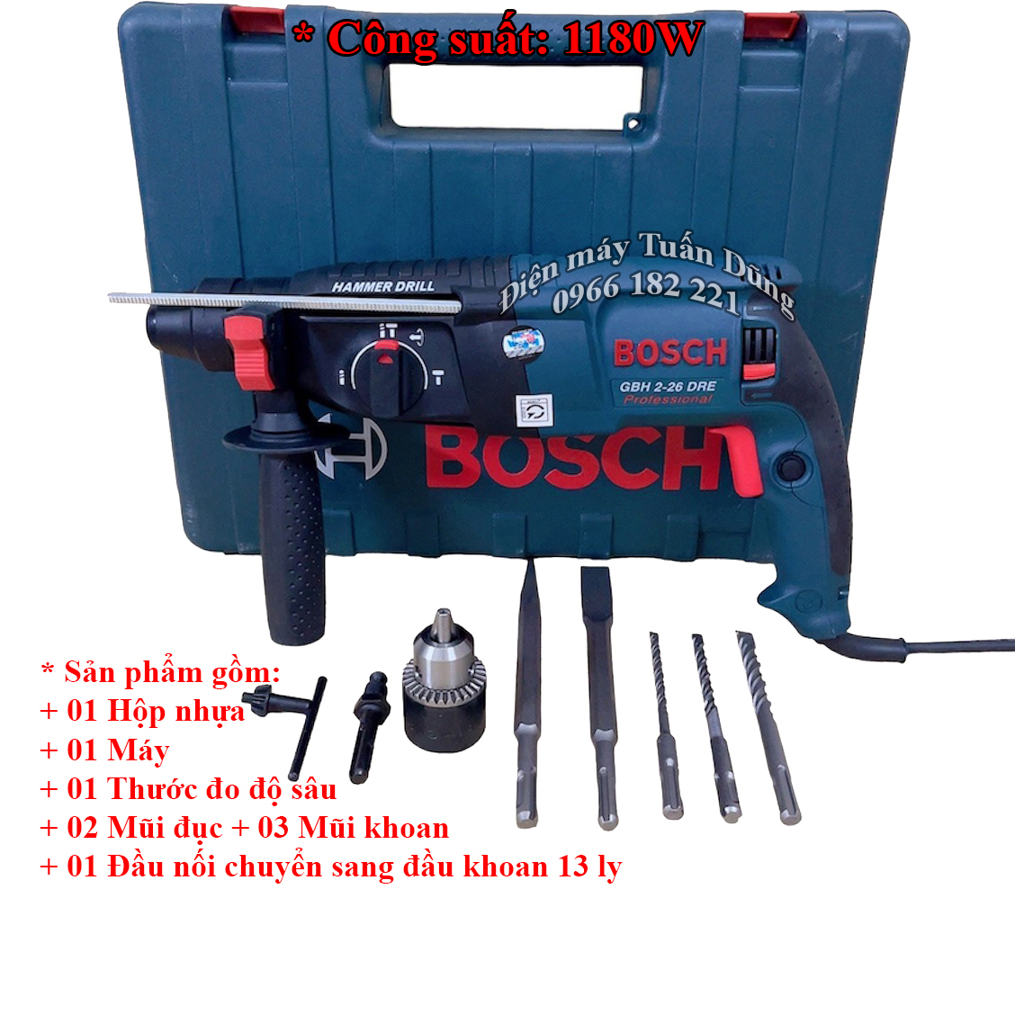 Máy khoan đục bê tông 3 chức năng Bosh 2-26 Công suất 1180W SIÊU MẠNH MẼ BỀN BỈ KÈM ĐẦU KHOAN SẮT, GỖ 13S VÀ 5 MŨI KHOAN ĐỤC BÊ TÔNG