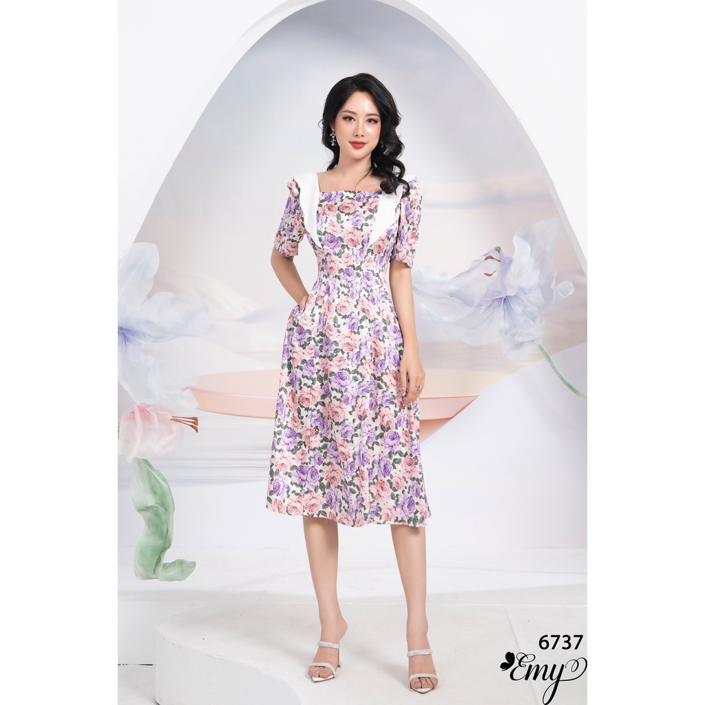 Đầm emy em6737 xoè cổ vuông phối