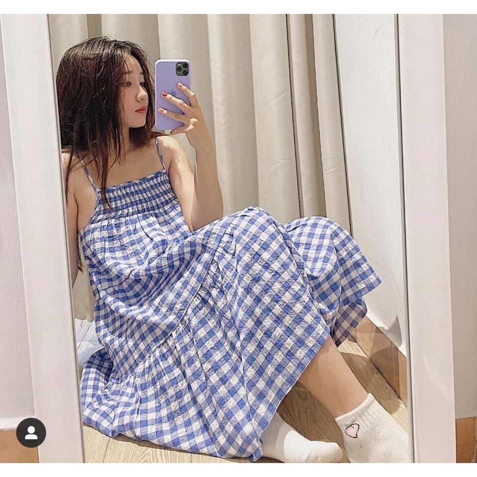 Váy hai dây kẻ caro xanh freesize - Váy đầm nữ freesize kẻ caro xanh hỏ tren phom rộng dáng suông