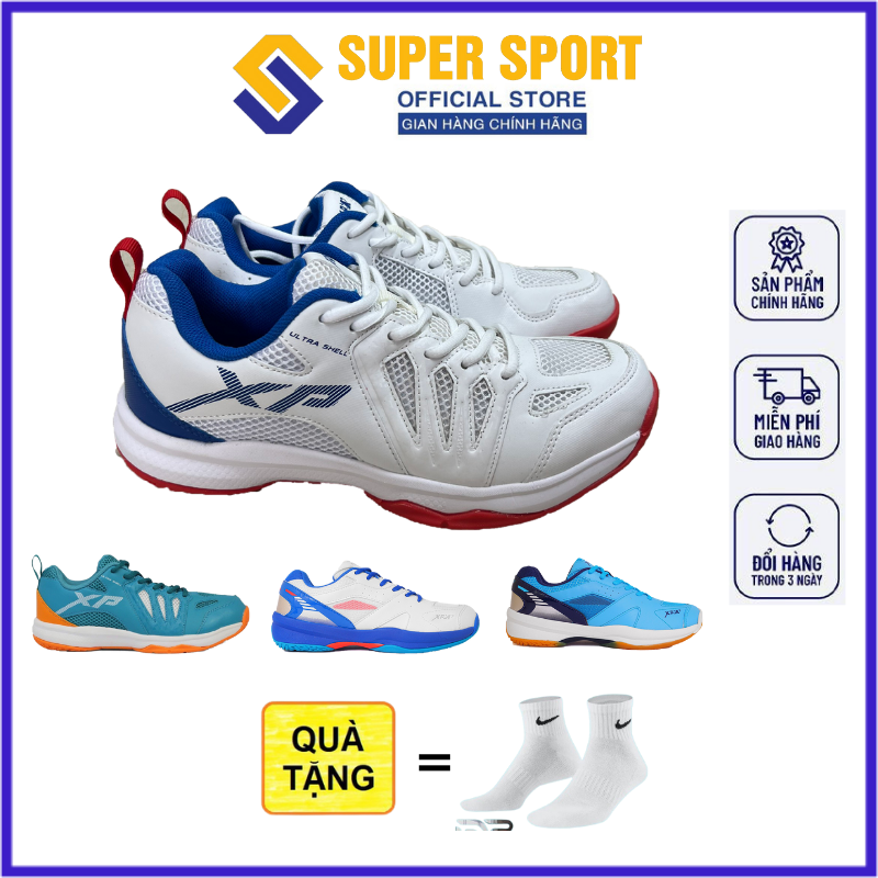  Giày bóng chuyền Giày cầu lông XP nam nữ chính hãng màu trắng xanh tặng tất dệt kim khử mùi - Độ bền cao chơi trên sân bê tông tốt 