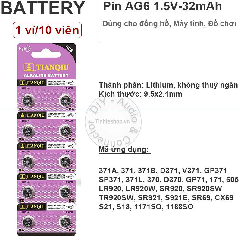1 vỉ 10 viên - Pin nút AG6 G6 L4920 371 371A CX69 LR920W SR920 LR920H 171 1.55V-32mAh dùng cho Đồng hồ Máy tính Tianqui 1.55V không thuỷ ngân