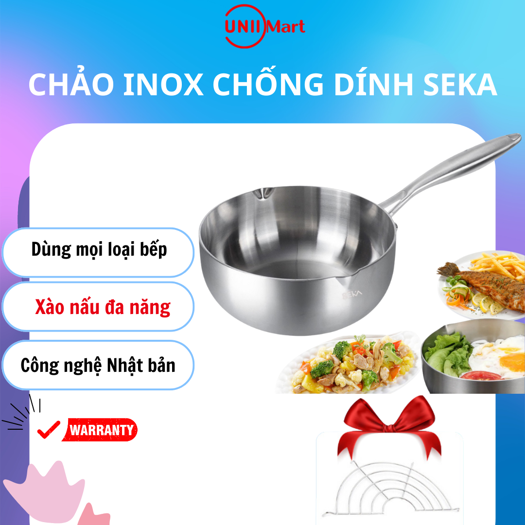 Chảo Inox Sâu Lòng 5 Lớp Đúc Liền Khối Seka Tặng kèm Giá Gác Dầu, 3 Size 22cm 24cm 26cm. Bảo Hành Chính Hãng tại Uniimart