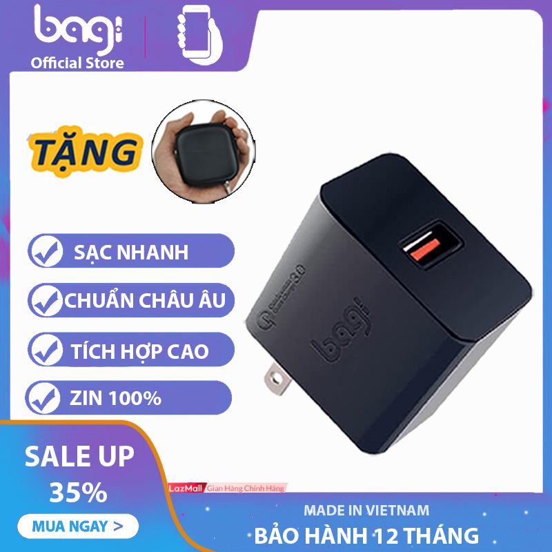 Củ sạc nhanh quick charge bagi 3.0 tiêu chuẩn châu âu mã ce-m30 màu đen-tặng kèm hộp đựng củ cáp sạc tai nge-bagi boss store