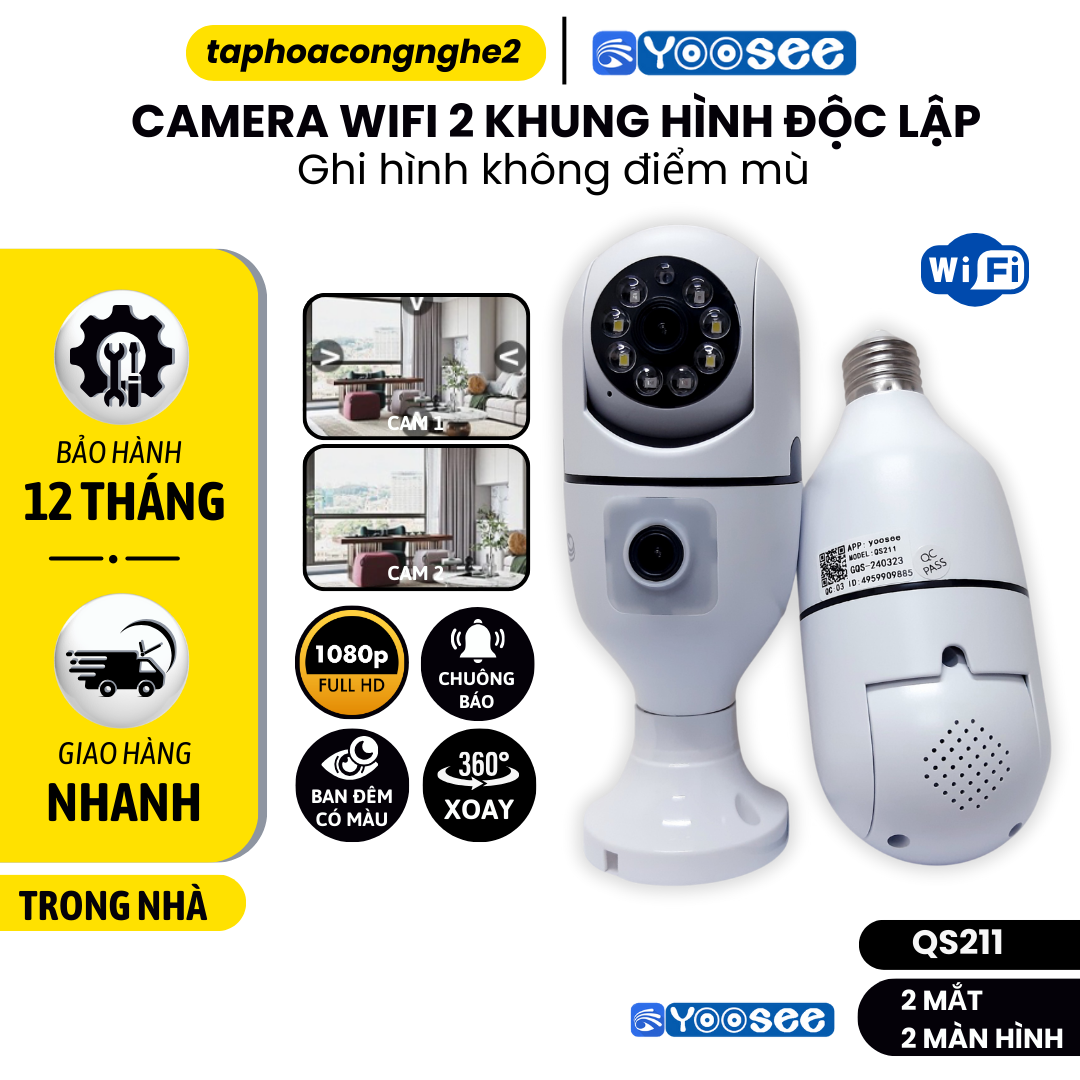 Camera WIFI YOOSEE Trong Nhà Không Dây, Thiết Kế Chui Cắm Điện/Chui Bóng Đèn, HD 1080p , Xoay 360 Độ, Hỗ Trợ Hồng Ngoại Ban Đêm Có Màu - BH 1 NĂM