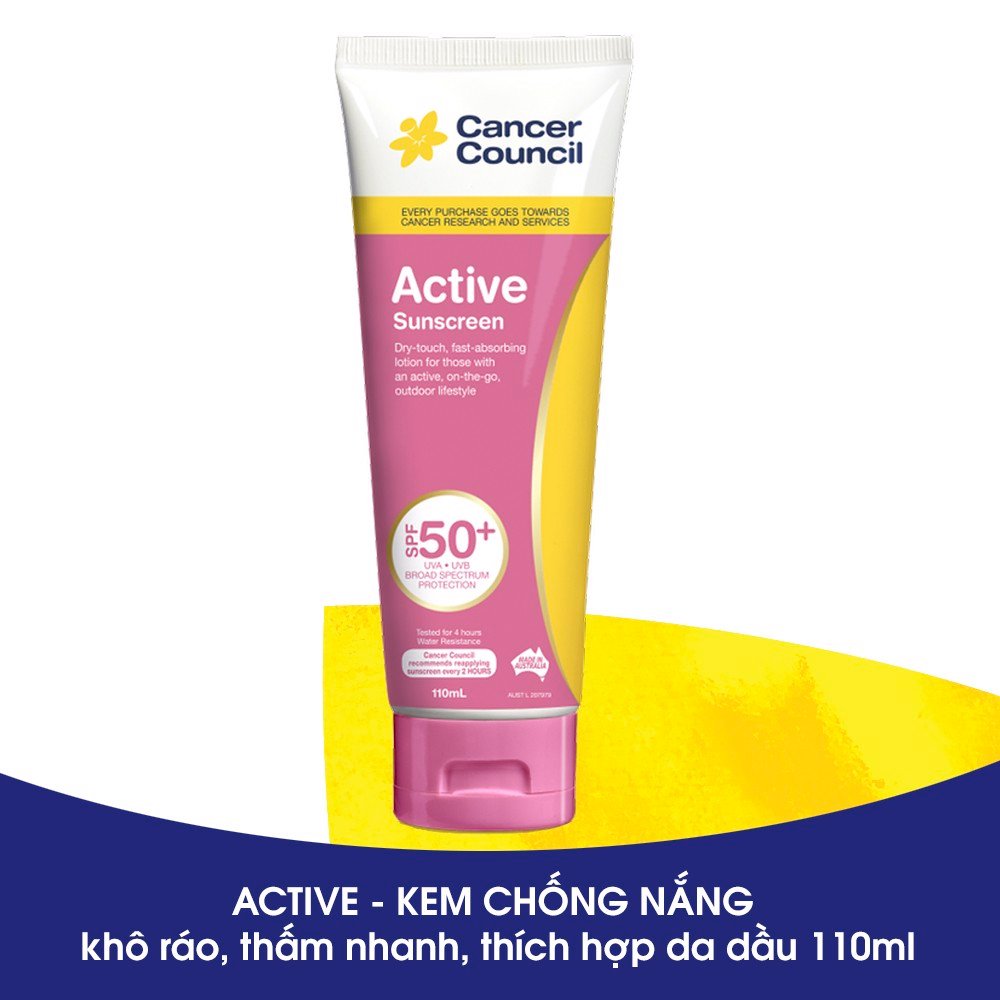 Kem chống nắng Cancer Council - Active Pink SPF 50+/PA++++ 110ml (Dòng da dầu)