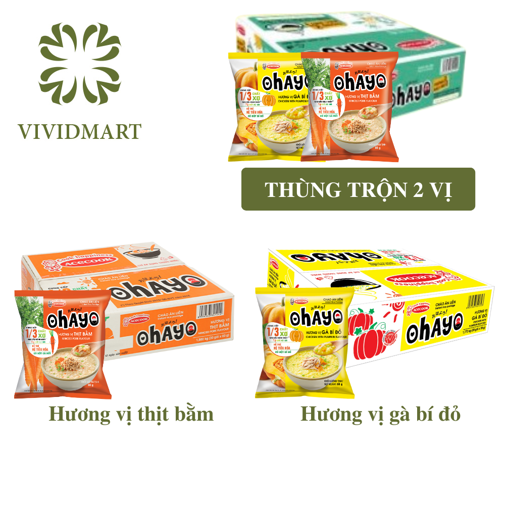 - acecook - cháo ăn liền ohayo 2 vị: hương vị thịt bằm và hương vị gà bí đỏ