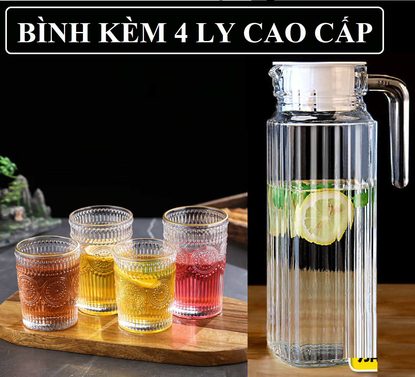 Bộ bình ly thuỷ tinh cao cấp. bộ gồm 1 bình thuỷ tinh 1100ml và 6 ly thuỷ tinh cao cấp
