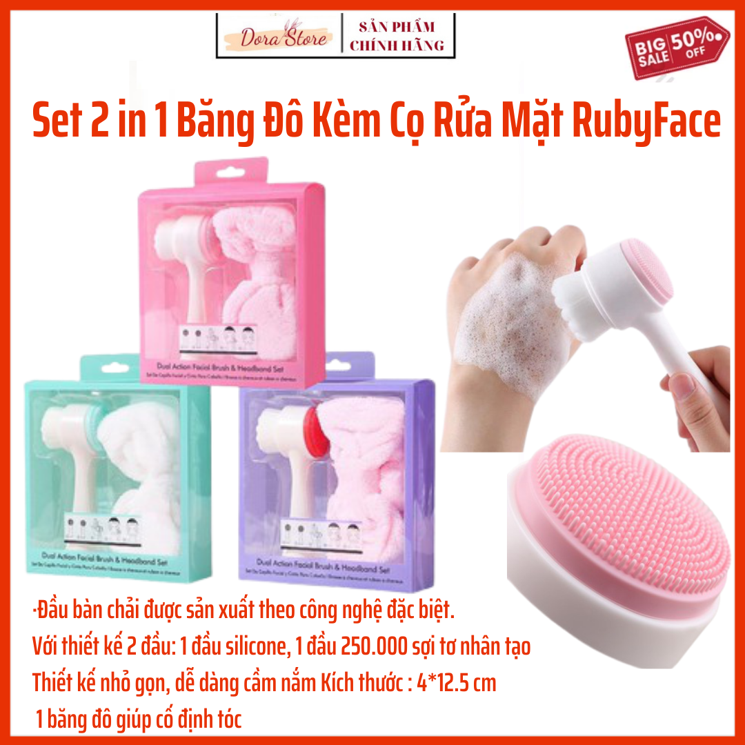 Set 2 in 1 Băng Đô Kèm Cọ Rửa Mặt RubyFace - Cọ silicon, Cọ rửa mặt kết hợp sữa rửa mặt, chăm sóc da, dụng cụ rửa mặt cao cấp 2 đầu 3D gai silicon chăm sóc da đẹp, dụng cụ chăm sóc da mặt, làm đẹp, chăm sóc cá nhân Dorastore