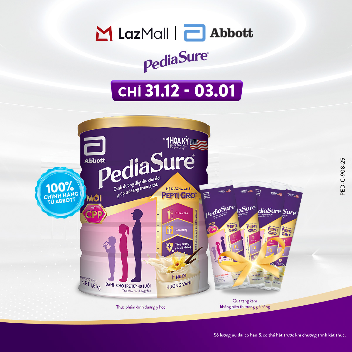  CHỈ 31.12 - 03.01 GIÁ TỐT MUA NGAY-SLCH  Lon sữa bột Pediasure B A hương vani 1.6kg Tặng 4 Gói Sachet Pediasure 