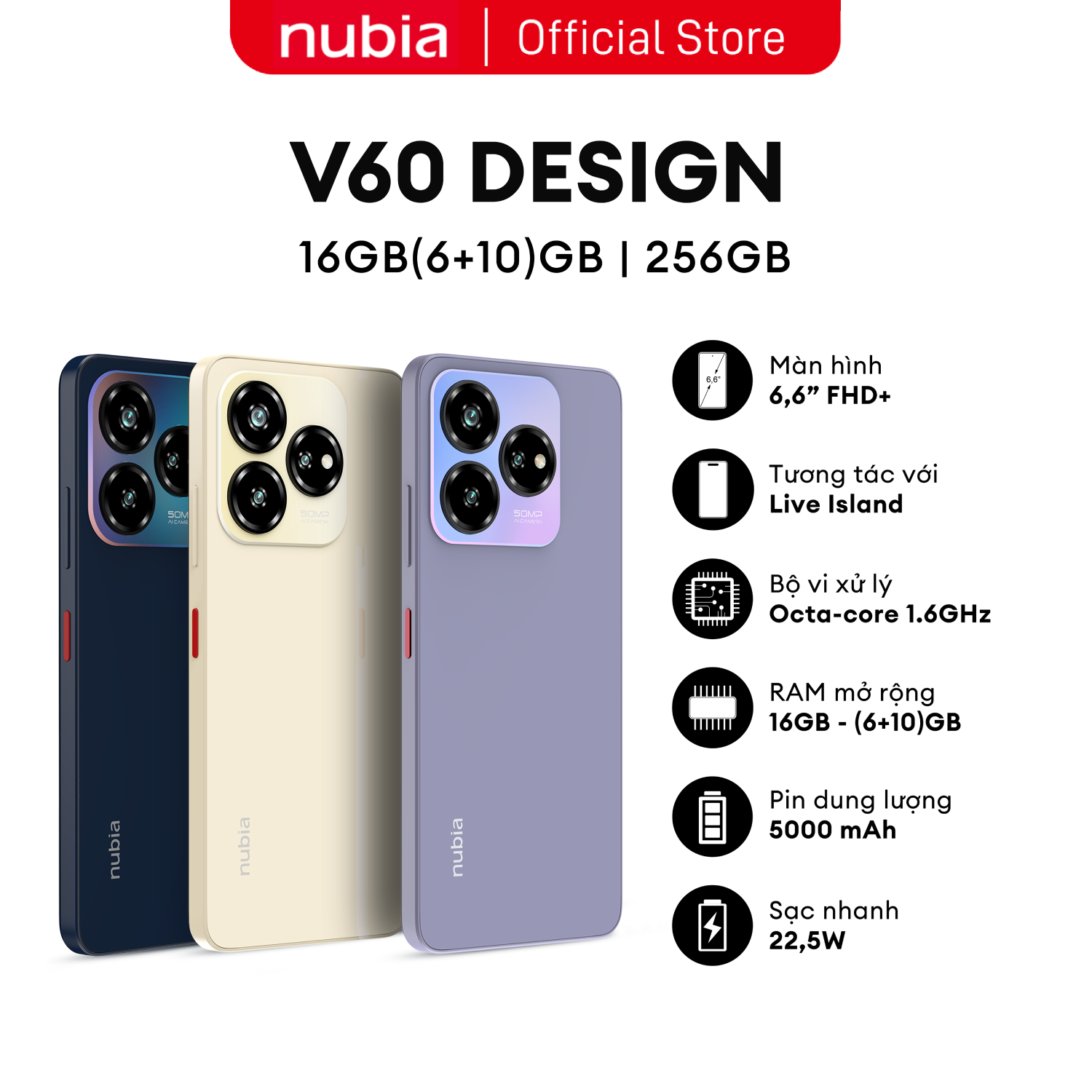 Điện Thoại Nubia V60 Design | 6/256GB | 6.6'' HD+ | Octa Core 1.6GHZ | 5000mAh 22.5W | Chính Hãng