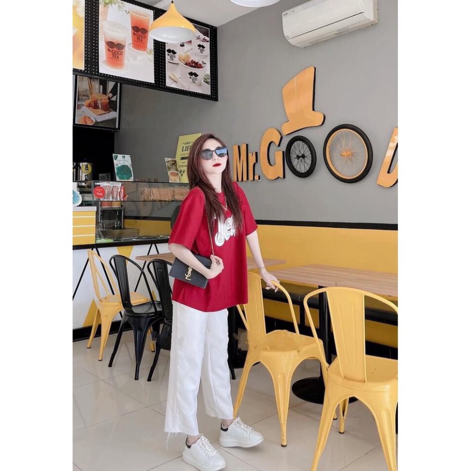 Set áo thun tay lỡ in chữ jets đỏ mix quần cullote kaki suông màu trắng hot hit 🍍 bộ quần áo nữ jet